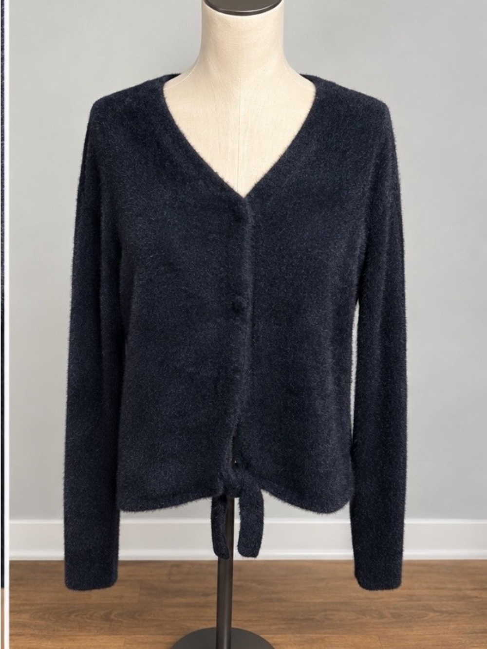 NWT Olivia Sky Fuzzy Knit Cardigan Sweater Black Tie Front Button Up Large Cozy